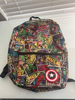 Marvel Multicolor Comic Collage Backpack with Captain America Shield Accent